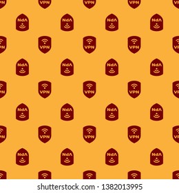 Red Shield with VPN and wifi wireless internet network symbol icon isolated seamless pattern on brown background. VPN protect safety concept. Vector Illustration