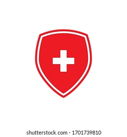 Roter Schild mit weißem Kreuz, Symbol einzeln auf weißem Hintergrund. Vektorillustration