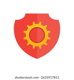 Red shield with yellow cogwheel icon design. Security settings icon design. Vector illustration.