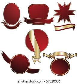 Red shields and banners over white