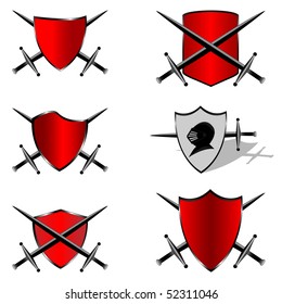 Red shields and swords. Vector illustration