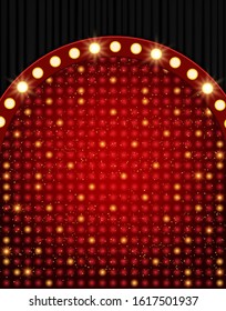 Red shine mosaic background with black curtain. Design for presentation, concert, show. Vector illustration