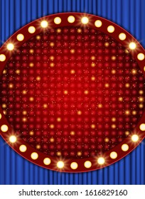 Red shine mosaic background with blue curtain. Design for presentation, concert, show. Vector illustration