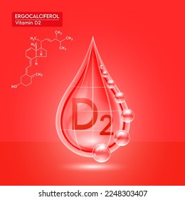 Red shine vitamin D2 water drop with oxygen bubble net around and structure chemical formula. Ergocalciferol beauty skin care. For the design of medical, food and drug products. 3D Realistic Vector.