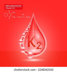 Red shine vitamin K2 water drop with oxygen bubble net around. Menaquinone beauty skin care. For the design of medical, food and drug products. 3D Realistic Vector.
