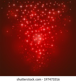 Red shining background with stars and blurry lights, illustration.