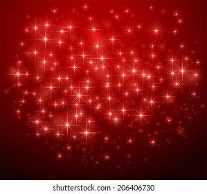 Red shining background with stars and blurry lights, illustration.