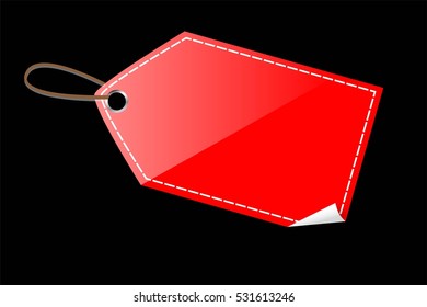 Red Shining Blank Tag, stitching effect isolated on white with curl effect, at black background