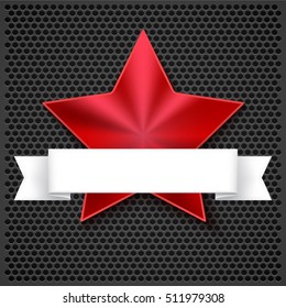 Red shining five-pointed star on metallic background with white banner design greeting cards. 3D illustration, Realistic texture of metal