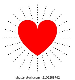 Red shining heart. Happy Valentines Day. Hearts with rays. Dash line. Heart sun line icon. Sunburst starburst circle. Love sign symbol. Flat design. Isolated White background. Vector illustration