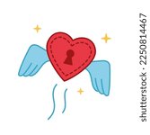 Red shining heart lock with wings is flying in the air. Love is in the air concept. Vector illustration of a broken heart with wings. Valentines day icon in doodle style. hand drawn illustration.