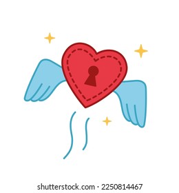 El rojo y brillante bloqueo del corazón con las alas está volando en el aire. El amor está en el aire. Ilustración vectorial de un corazón roto con alas. Icono del día de San Valentín al estilo doodle. ilustración dibujada a mano.