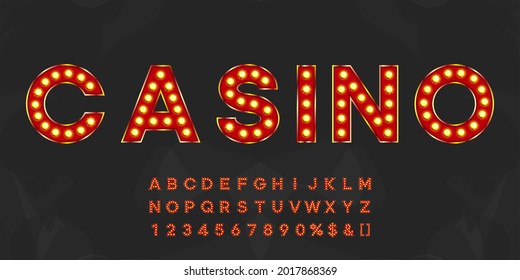 Red Shining Marquee Alphabet With Numbers And Warm Light. Vintage Illuminated Letters For Text Logo Or Sale Banner