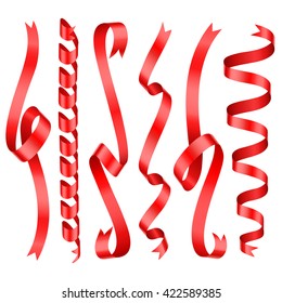 Red shining rolled vertical vector ribbons.