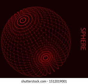 Red shining sphere with connected lines and points on black background. Networks. Digital global connections. Modern technology style. Wireframe vector illustration. Trendy abstract 3d grid design.
