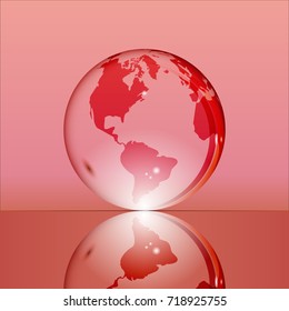 Red shining transparent earth globe with South and North America continents laying on glass surface and reflecting in it. Bright and shining design. Vector illustration.