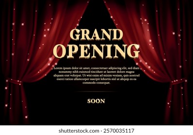 Red shinny curtain with spotlight. Grand opening announcement witch golden text.