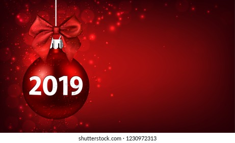 Red shiny 2019 New Year background with Christmas ball and beautiful satin bow. Greeting card or festive decoration. Vector illustration.
