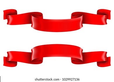 Red shiny 3d ribbon scrolls. Vector illustration isolated on white background