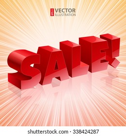 Red shiny 3d solid bold font text SALE! on orange stripes explosion background. RGB EPS 10 vector illustration