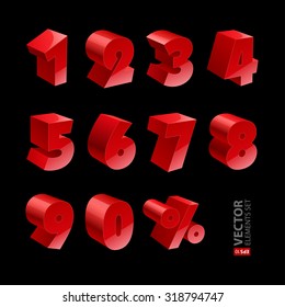 Red shiny 3d thick numbers isolated font on black background. RGB EPS 10 vector elements set