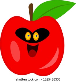 Red shiny apple with green leaf cartoon character with a cute smile and sparkling orange eyes fruit and food object concept on a white background