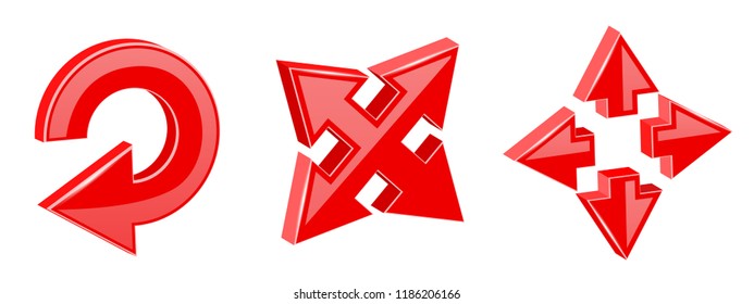 Red shiny arrows. Direction 3d signs. Vector illustration isolated on white background