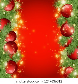 Red shiny background with Christmas decorations, decorative spruce branches,golden stars , holiday Merry X-mas and Happy New Year, illustration on a red background