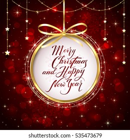 Red shiny background with Christmas decorations and golden stars, holiday lettering Merry Christmas and Happy New Year, illustration.