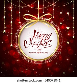 Red shiny background with Christmas decorations, golden stars and beads, holiday lettering Merry Christmas and Happy New Year, illustration.