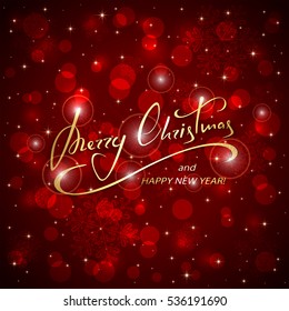 Red shiny background with stars and golden holiday lettering Merry Christmas and Happy New Year, illustration.