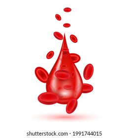 Red Shiny Blood Drop Isolated On White Background. Hemoglobin, Hematology Medic Aid. Realistic 3d Vector Illstration.