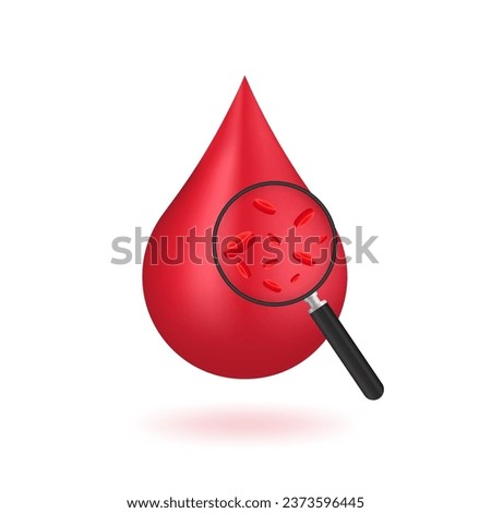 Red shiny blood drop isolated on white background. Hematology concept with red blood cells in a drop of blood and a magnifying glass. donation, DNA test, disease. Blood test. Vector illustration