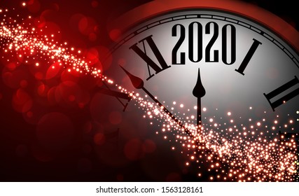Red shiny bokeh 2020 New Year background with round clock. Beautiful Christmas greeting card or decoration template. Vector illustration.