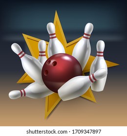 Red shiny bowling ball breaks white pins, winning hit
