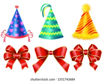 Red shiny bows made from ribbons and colorful holiday caps. Knots for wrapping gifts for party celebration. Decoration elements isolated on white background. Vector illustration in flat style