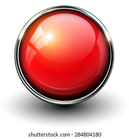 Red shiny button with metallic elements, vector design for website.