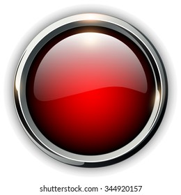 Red shiny button with metallic elements, vector design for website.