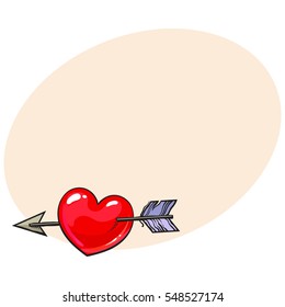 Red shiny cartoon heart pieced by Cupid arrow, sketch style illustration isolated on background with place for text. Heart pierced by arrow, symbol of love, romance and passion, marriage icon