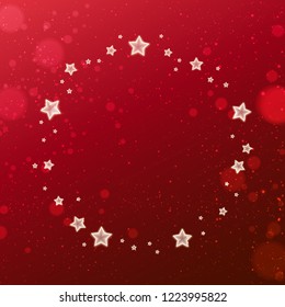 Red Shiny Christmas background with stars in a circle. Merry Christmas card and New Year on red background with light, snowflakes. Holiday card. Vector eps illustration