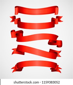 Red shiny curved ribbons isolated on white background. Vector collection of blank elegant labels, stickers or banners. Realistic design element for greeting or gift card and invitation for holidays.