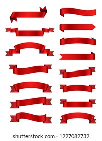 Red shiny curved ribbons isolated on white background. Vector collection of blank elegant labels, stickers or banners. Realistic design element for greeting or gift card and invitation for holidays.