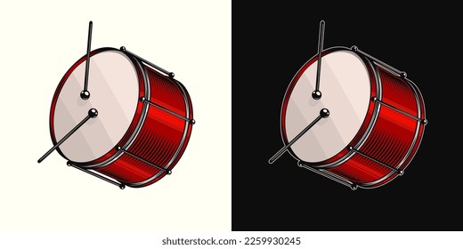 Red shiny drum with drumsticks. Traditional percussion musical instrument for carnival show, holiday. Side view.