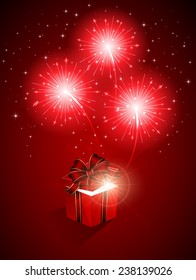 Red shiny fireworks and gift box, illustration.