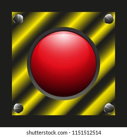 Red shiny, with glare, alarm button, vector illustration. A nuclear button for web games or web applications. Button on the metal case, bolted. Danger.