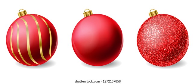 Red shiny glitter Christmas balls Vector realistic. Merry Christmas elements isolated. Detailed 3d illustration decors
