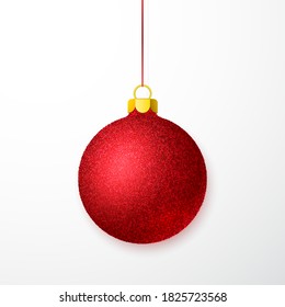 Red shiny glitter glowing Christmas ball. Xmas glass ball. Holiday decoration template. Vector illustration.