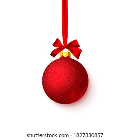 Red shiny glitter glowing Christmas ball with red bow. Xmas glass ball. Holiday decoration template. Vector illustration.