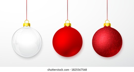 Red shiny glitter glowing and transparent Christmas balls. Xmas glass ball. Holiday decoration template. Vector illustration.