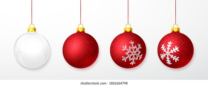 Red shiny glitter glowing and transparent Christmas balls. Xmas glass ball. Holiday decoration template. Vector illustration.